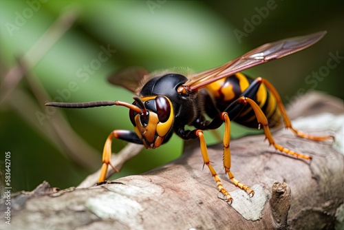 Asian Giant Hornet or Murder Hornet on a branch © MG Images