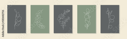 Outline doodle eucalyptus twigs leaves on yellow background in line art style. Greenery vector illustration in minimalist style.