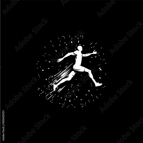 White icon of jumper silhouette on black background, sport logo template, jogging or jumping modern logotype concept, t-shirts print, tattoo, infographic. Vector illustration