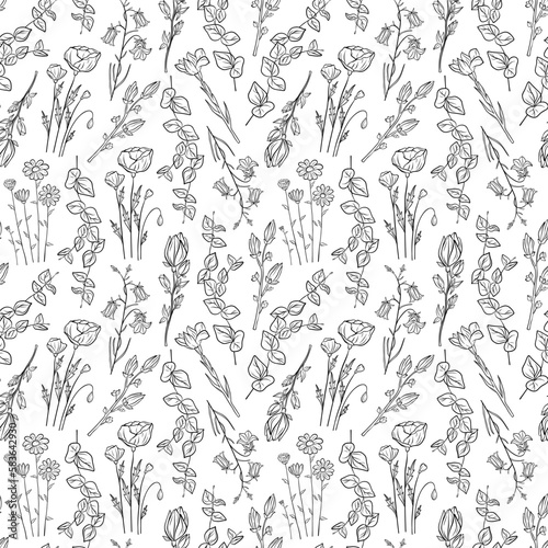 Hand drawn seamless pattern of blooming magnolia, iris, poppy flower, eucalyptus, canterbury bell, daisy. Floral collection on a white background. Decorative illustration for wallpaper, wrapping paper