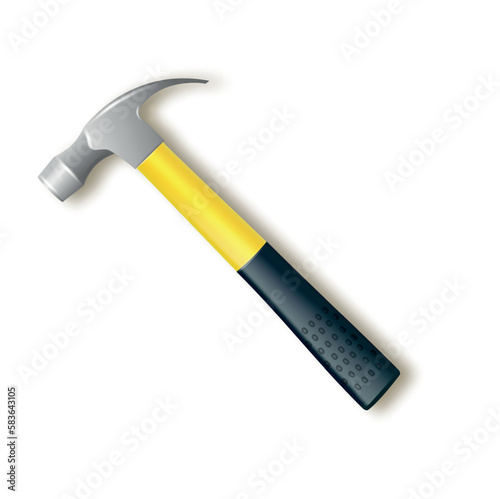 Hammer with a rubberized yellow handle. Hammer and nail puller, two in one. Vector industrial workers tool. Equipment for repair, contract and locksmith work. Vector