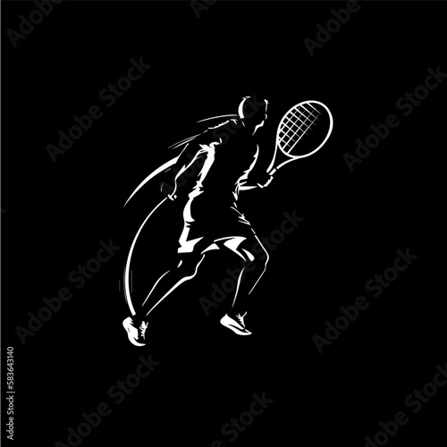 Big tennis player with racket training, white linear silhouette sketch, sport game logo template, hand drawing tattoo on black background. Vector illustration.