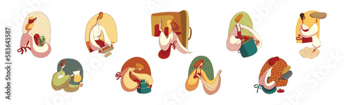 Woman in Apron Cooking Meal Engaged in Culinary Vector Set