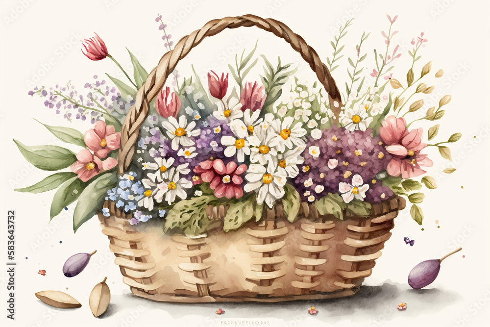 Watercolor basket with spring flowers illustration, spring season, Generative AI