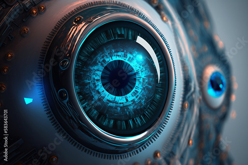 A close-up view of an eyeball  whether of a robot or a human  with a blue pupil scanning an eye. AI