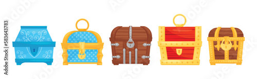 Treasure Chest with Padlock and Metal Band Vector Set