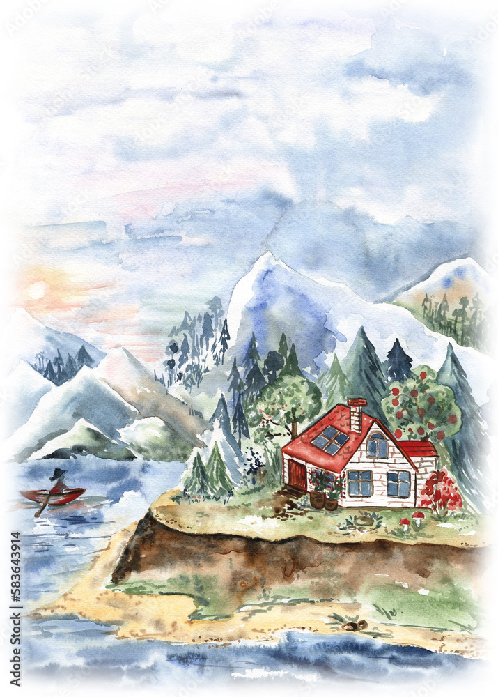 Mountain landscape watercolor painting. Cozy house with a red roof ...