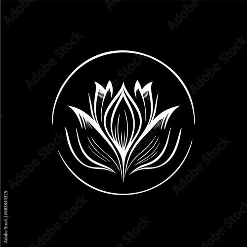 Minimalistic waterlily logo template, white icon of lotus petals flower silhouette on black background, yoga logotype concept, cosmetic emblem, tattoo. Vector illustration