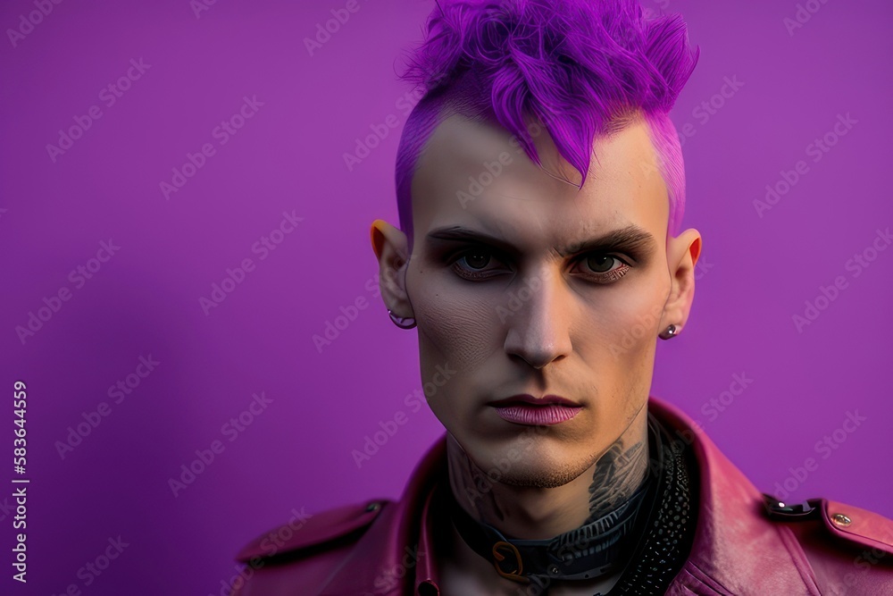 Portrait of a Beautiful Punk Man With Purple background. Fictional person created with Generative AI