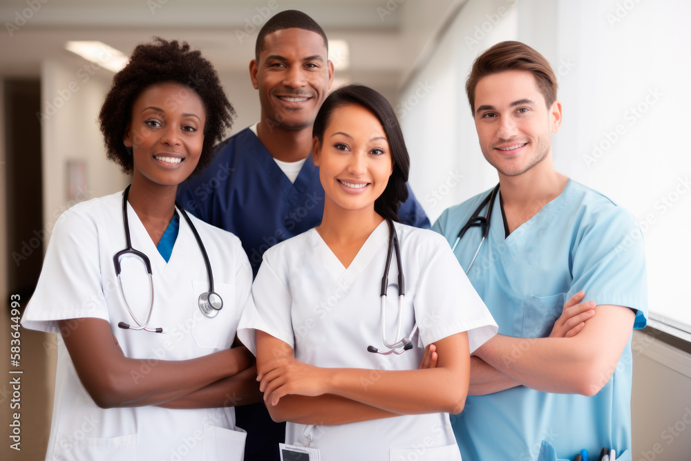 A cheerful group of medical professionals in a hospital setting. generative ai A cheerful group of medical professionals in a hospital setting. generative ai