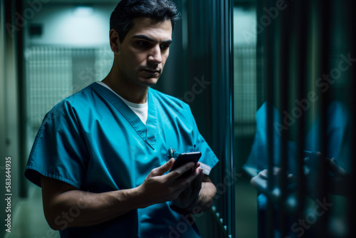 Surgeon resting on hospital hallway while using a cell phone. generative ai