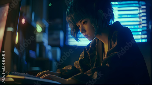 Cyberpunk girl hacking with her laptop