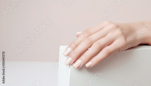 Female hand with perfect nails. Generative AI.