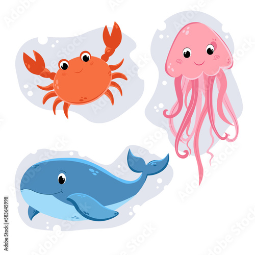 vector illustration of aquatic inhabitants. whale  crayfish  crab  fish  jellyfish