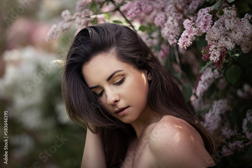  Beauty portrait of a Ukrainian woman posing in front of a lilac tree in bloom. She has brown hair and brown eyes. This photo was taken at the first bloom located in Ottawa  Canada.