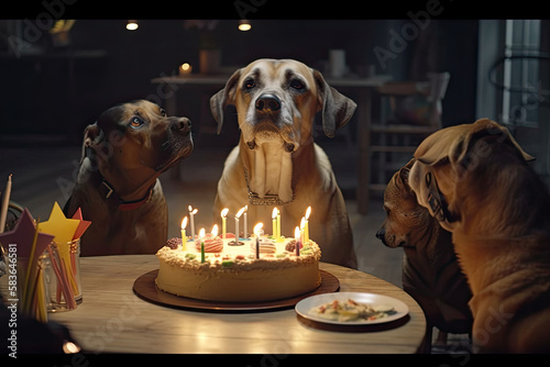 fully AI generated photo of a dog celebrating his birthday with candles on a cake, no recognizable people © Franziska