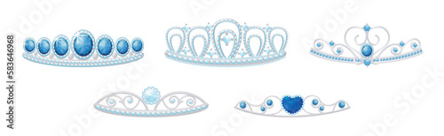 Blue Tiara or Diadem as Jeweled Ornamental Crown Vector Set