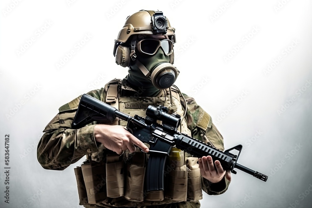 Tactical military equipment, a soldier with a machine gun on a white background. Generative ai. Tactical military equipment, a soldier with a machine gun on a white background. Generative ai.