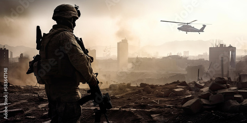 Silhouette of a soldier against the background of a destroyed city, war. Generative ai. photo