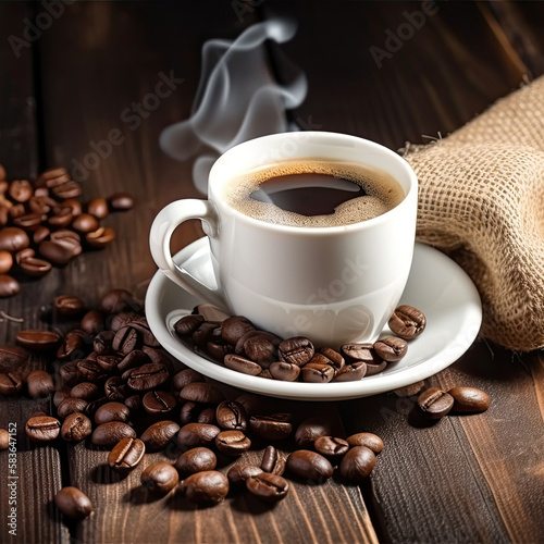 Hot espresso with steam and coffee beans. Generative ai.