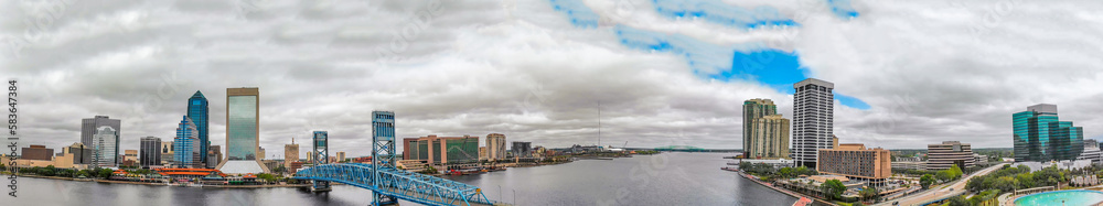 Panoramic aerial view of Jacksonville skyline from drone at sunset, Florida