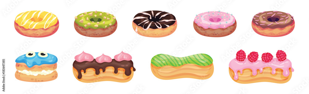 Sweet and Yummy Creamy Eclair and Donut Dessert Vector Set Sweet and Yummy Creamy Eclair and Donut Dessert Vector Set