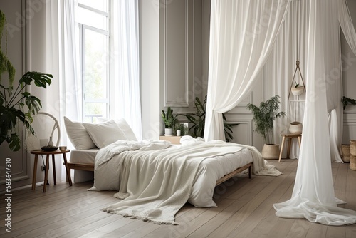 Contemporary white Skandinavian bedroom with bed and flowing white drapes. Boho bedroom with comfy bed and cushions, copy space. Generative AI © 2rogan
