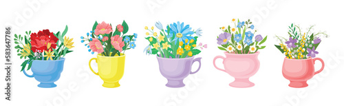 Bouquet of Blooming Flowers in Ceramic Vase with Handle Vector Set
