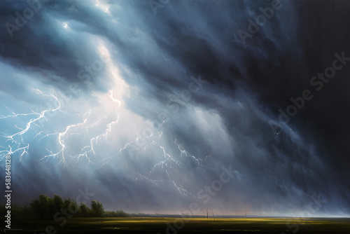 Lightning in the storm above the meadow Generative AI Art
