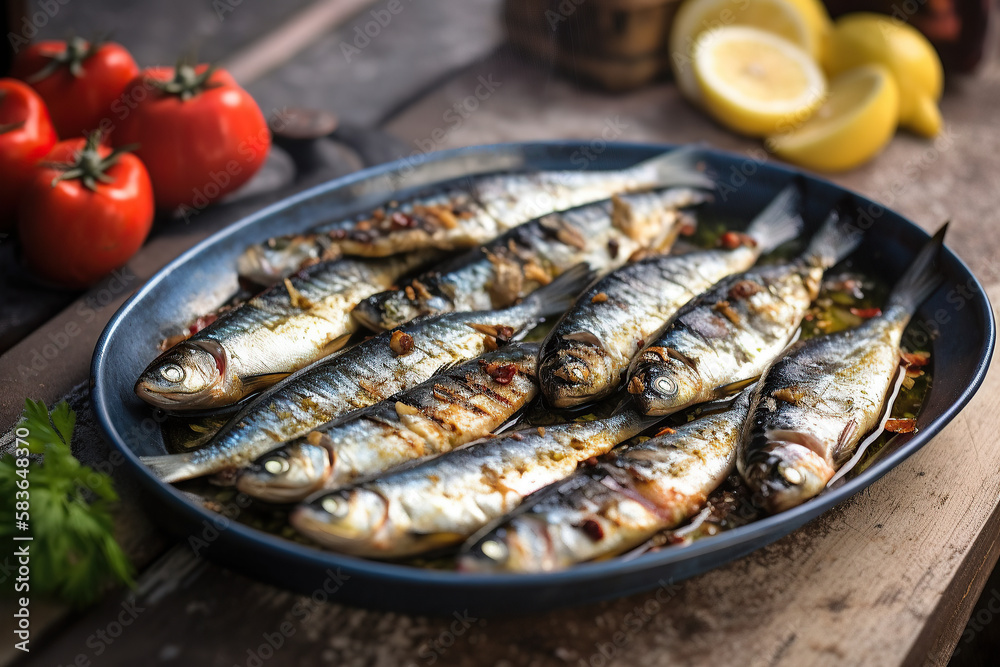 Sardinhas assadas na brasa com pimentos azeite e pão. Comida tradicional portuguesa, típico festas populares, santos populares portugal. ai generative Sardinhas assadas na brasa com pimentos azeite e pão. Comida tradicional portuguesa, típico festas populares, santos populares portugal. ai generative