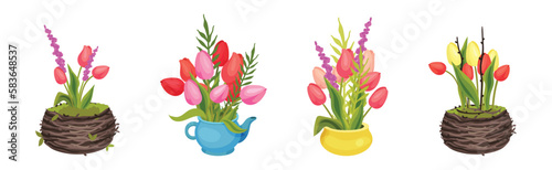 Bouquet of Tulip Flowers in Pot Vector Set
