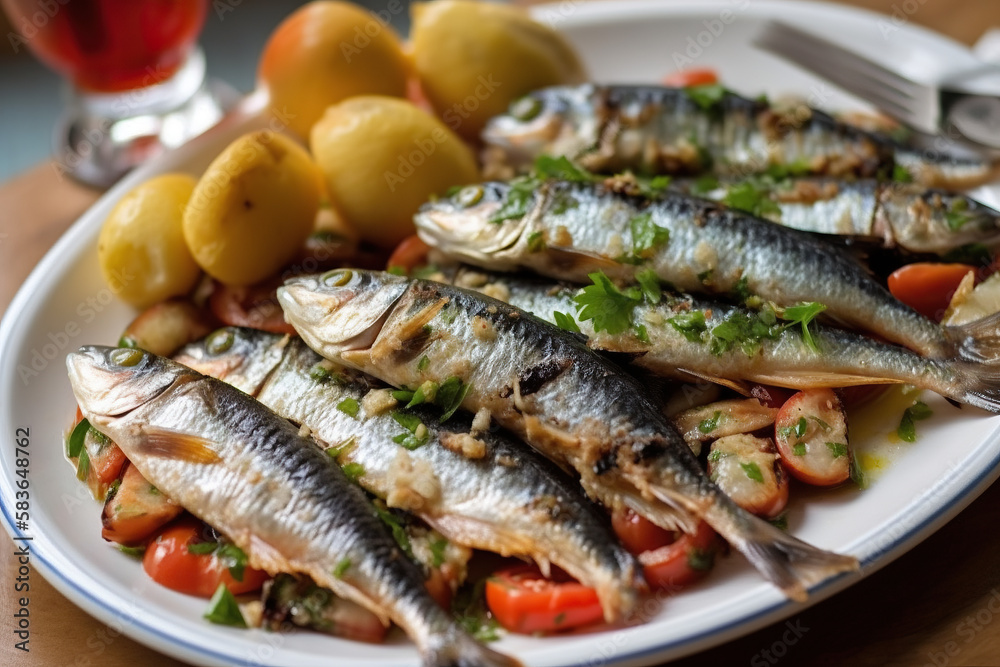 Sardinhas assadas na brasa com pimentos azeite e pão. Comida tradicional portuguesa, típico festas populares, santos populares portugal. ai generative Sardinhas assadas na brasa com pimentos azeite e pão. Comida tradicional portuguesa, típico festas populares, santos populares portugal. ai generative