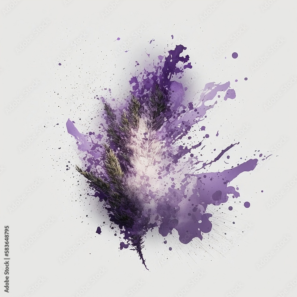 Lavender in splashes of colors. A sprig of lavender on a light background. Color splashes of paints. Generative AI.
