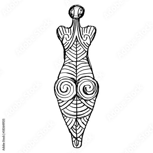 Female figurine from Cucuteni. Neolithic tattooed goddess. Trypillia culture. Hand drawn linear doodle rough sketch. Black silhouette on white background.