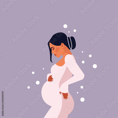 Banner with pregnant elegant woman, future mom hugging belly with arms. Happy Mother's Day. Flat vector illustration.