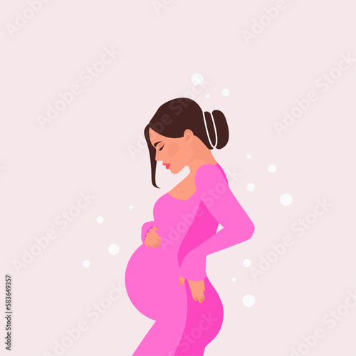 Banner with pregnant elegant woman, future mom hugging belly with arms. Happy Mother's Day. Flat vector illustration.