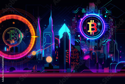 cryptocurrency, futuristic financial system, multicolor bitcoin icon, generative ai photo