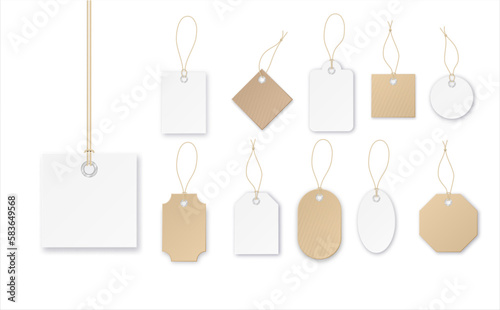 Set of tags or sale vector shopping labels with rope . White paper and brown kraft realistic material. Flat design isolated vector