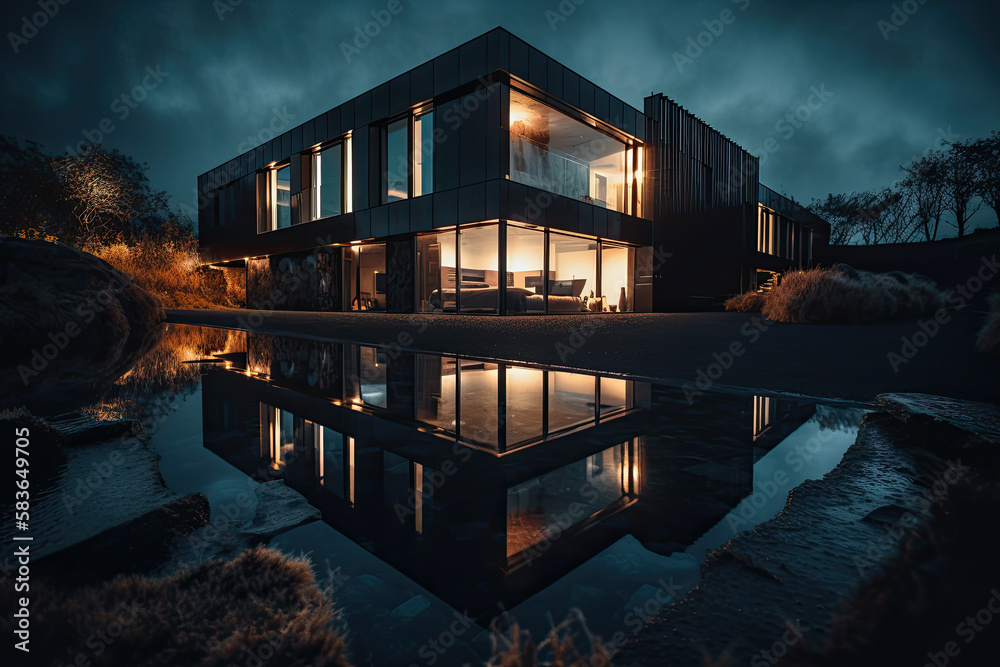 Obraz premium modern apartment building in concrete style with pool created with Generative AI technology