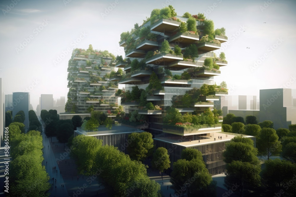 Ecological city of the future with many trees. Generative ai.