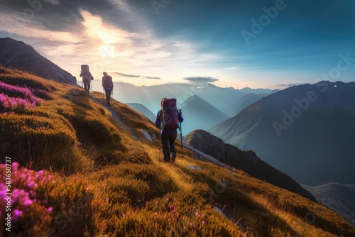 Tourists with backpacks travel through the flowering mountains at sunset. Generative ai.