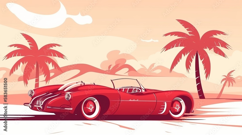 Red retro roadster car with surfing boards on the beach with palm silhouettes on background. Summer time themed vector illustration Generative AI
