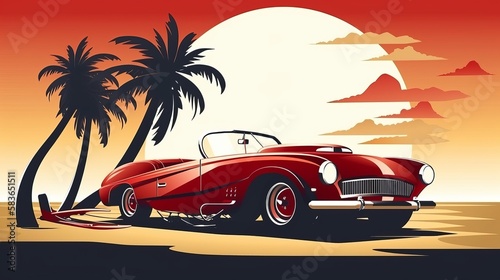 Red retro roadster car with surfing boards on the beach with palm silhouettes on background. Summer time themed vector illustration Generative AI © Suleyman