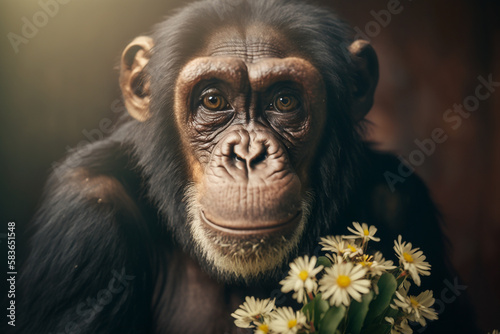 Closeup portrait of a friendly looking chimpanzee holding a bouquet of flowers. Ideal for greeting card  art print  birthday concepts. Generative AI.
