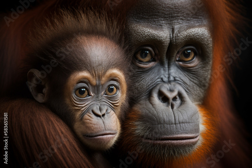 Closeup of a mother orang utan holding her precious baby close. Beautiful, heartwarming animal portrait that captures the monkey´s unique spirit and beauty. Generative AI.