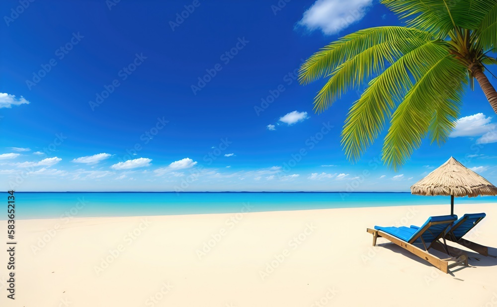 Empty beach with blue water, sky, palm tree and clouds