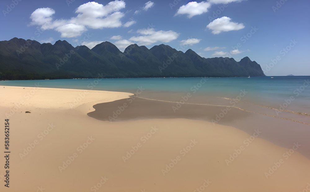 Empty beach with blue water, sky, mountain and clouds