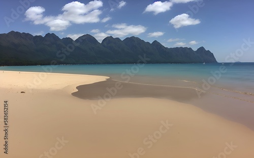 Empty beach with blue water, sky, mountain and clouds
