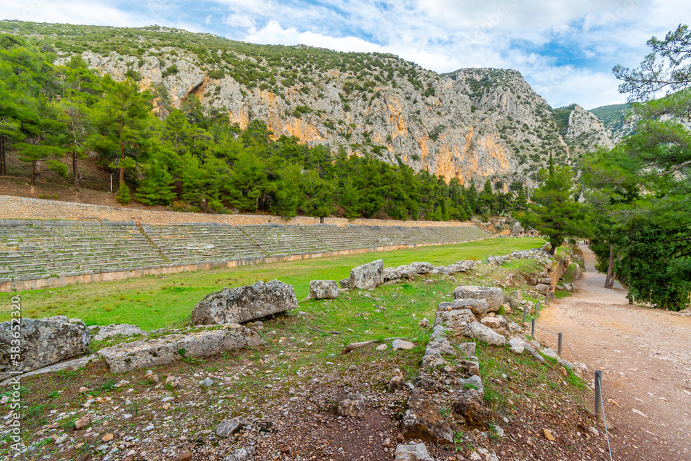 The 4th century BC Stadium of Delphi lies on the highest spot of the ancient and sacred archaeological site of Delphi, Greece.