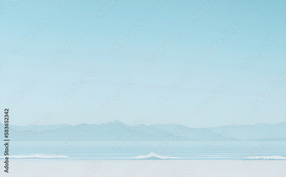 Empty beach with blue water, sky and mountains